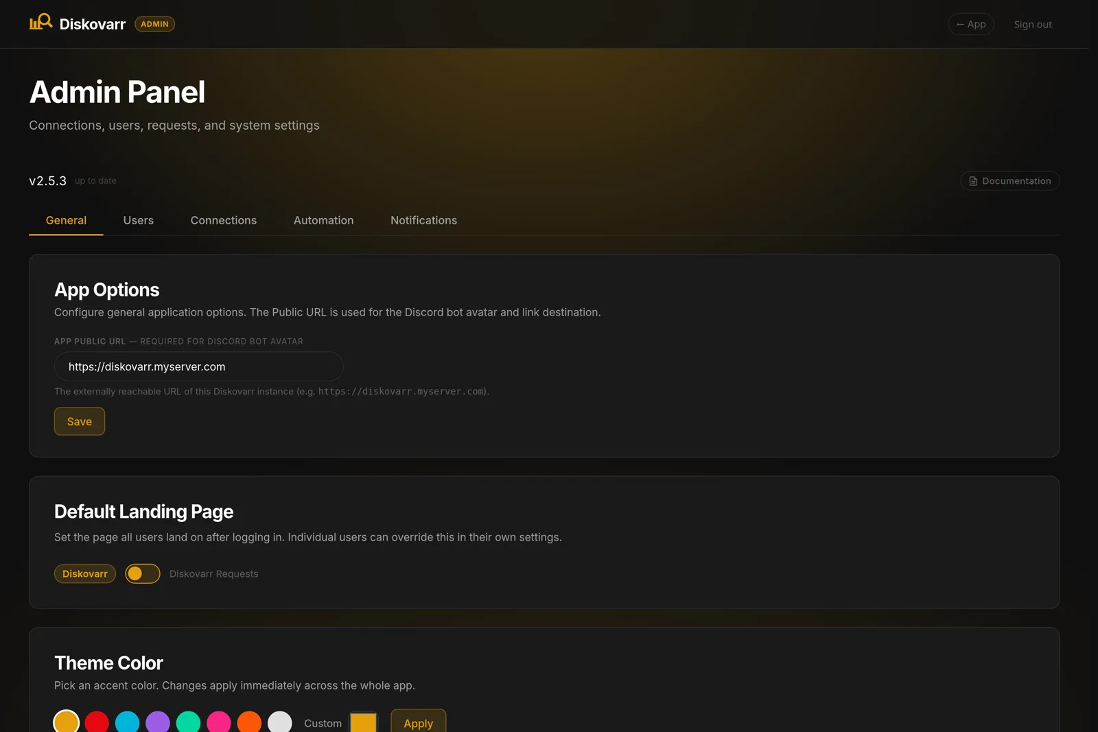 Admin panel with app options, landing page, and theme color settings