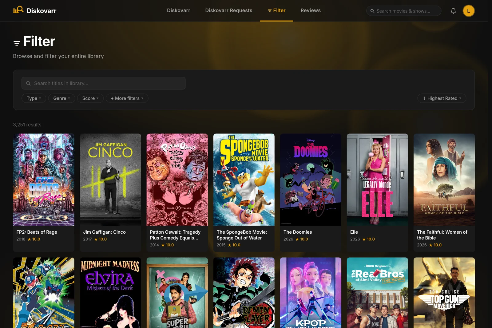 Filter page browsing the full library with Plex-style filters