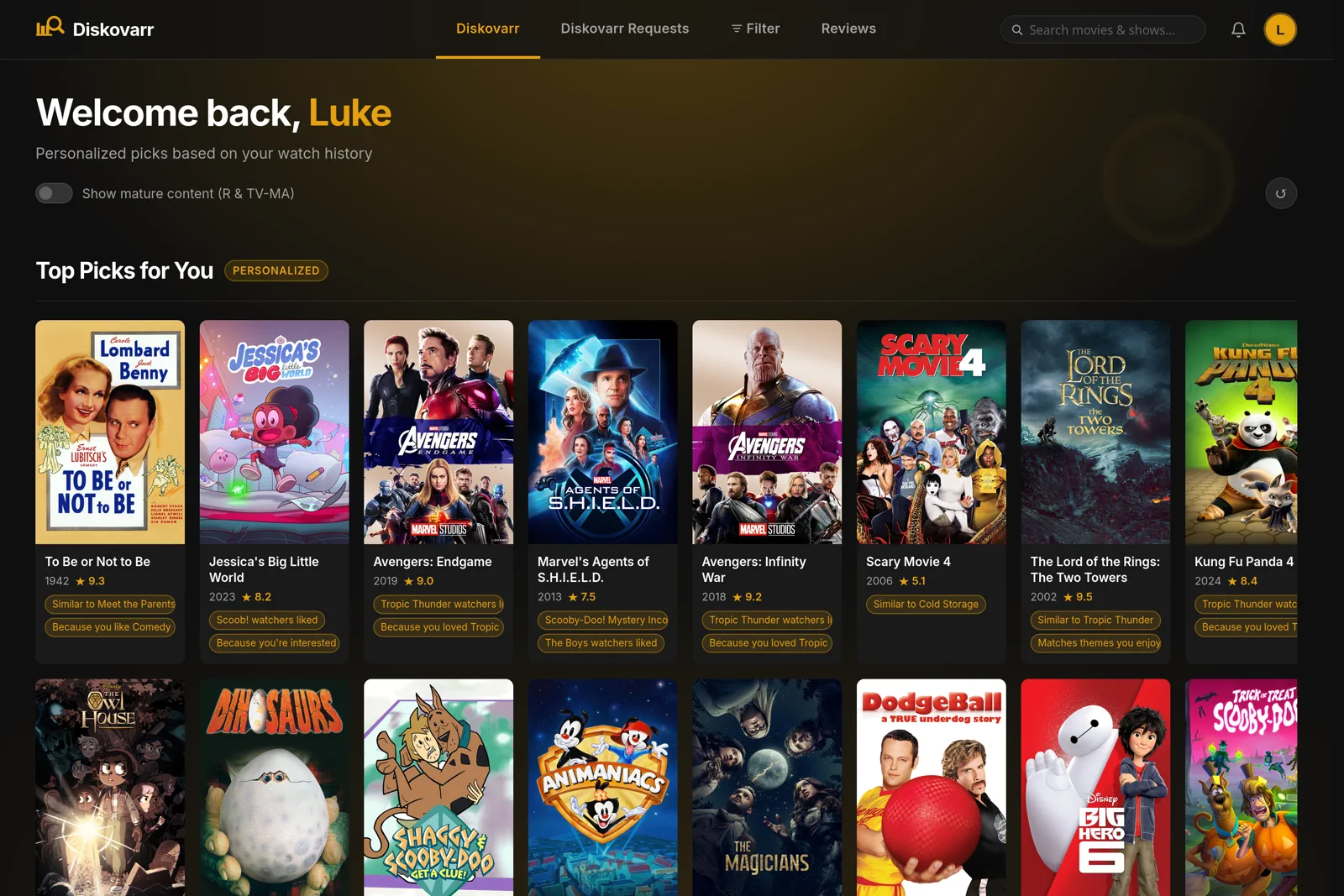 Diskovarr home page with personalized recommendation carousels