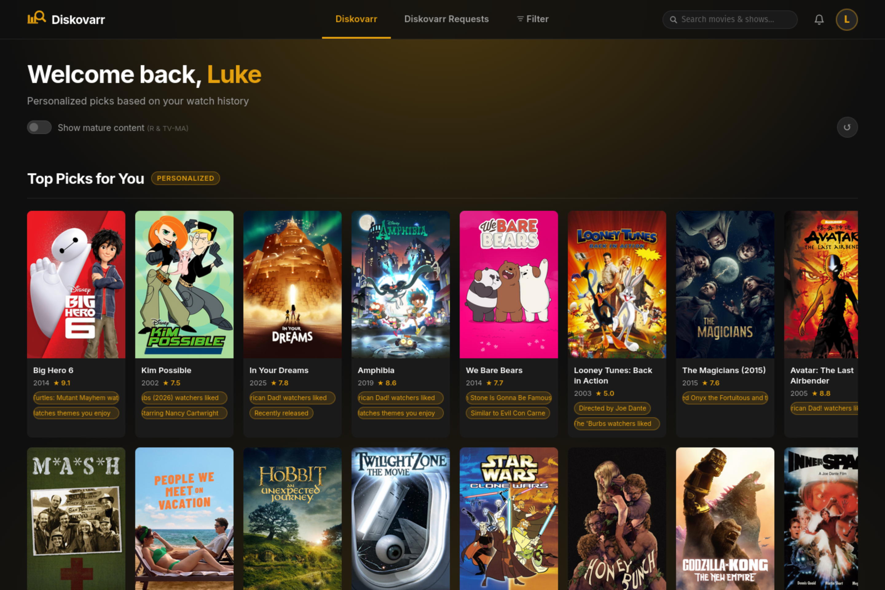 Diskovarr Home — personalized recommendation carousels