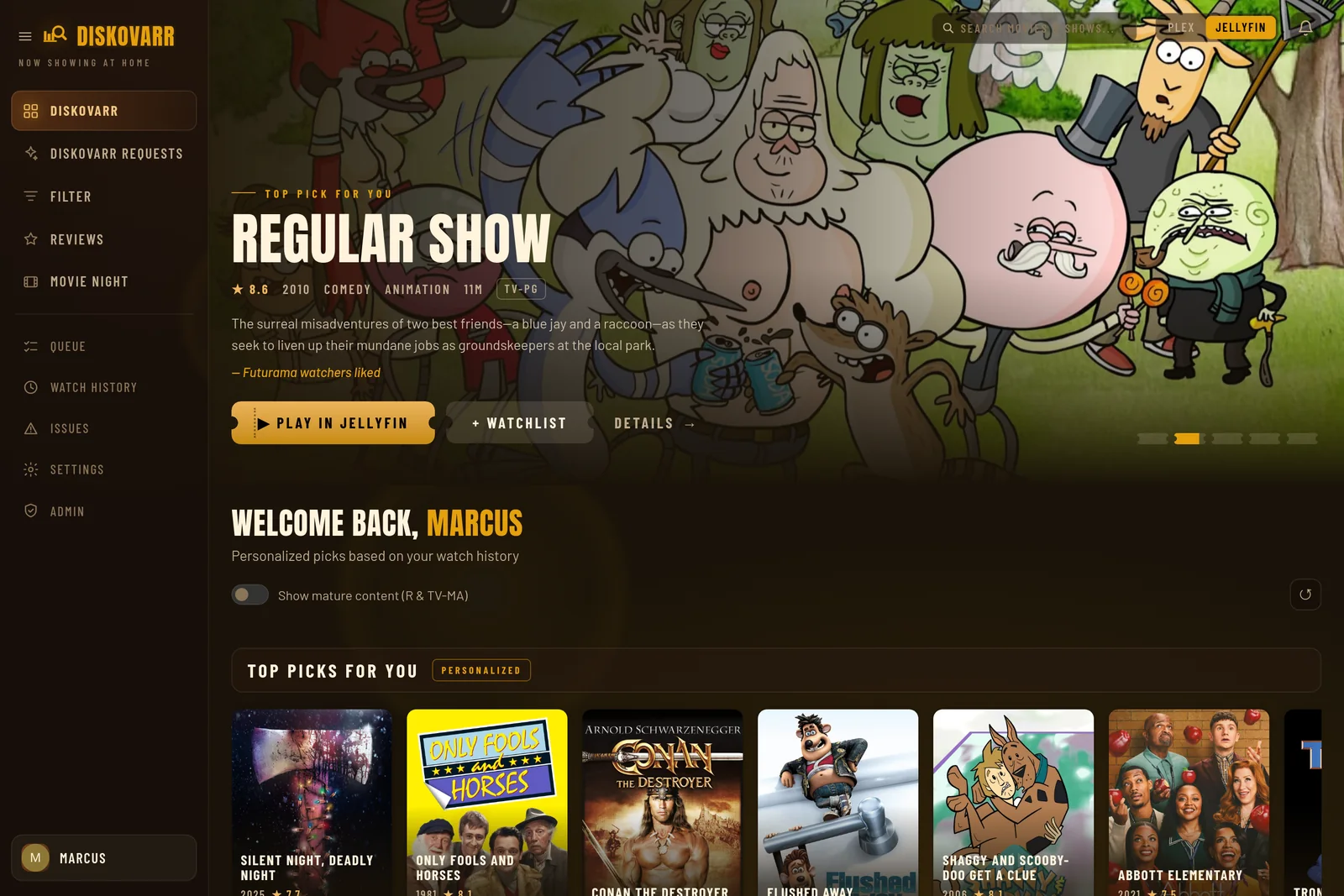 Plex and Jellyfin toggle in the top bar