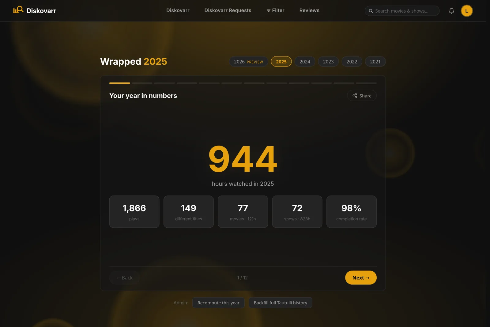 Diskovarr Wrapped yearly recap with watch statistics